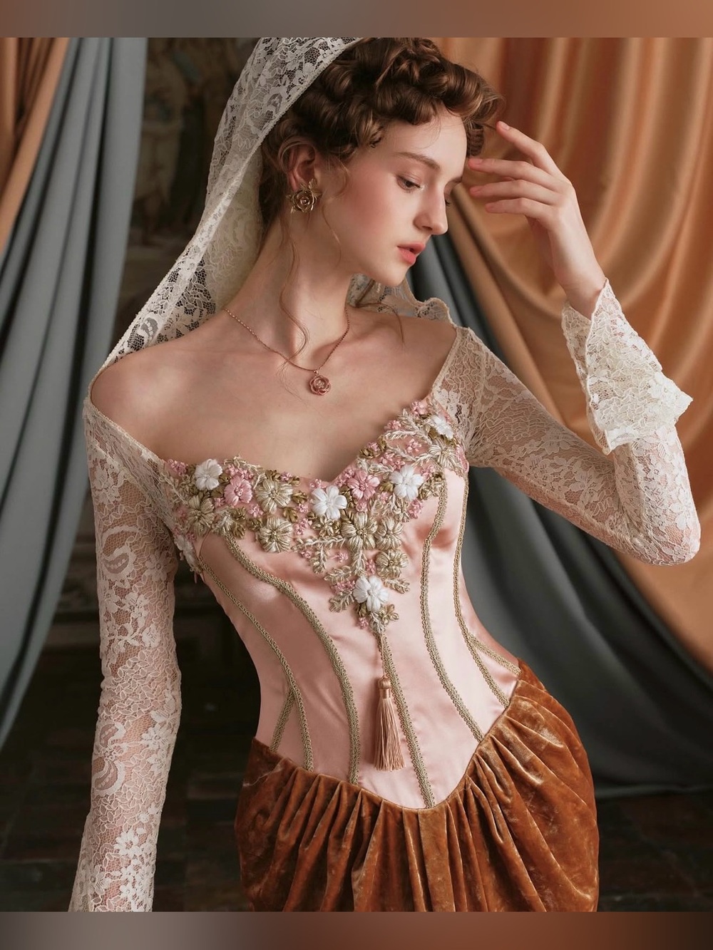 Embroidered Pink Satin & Brown Velvet Slip Dress with Lace Accents - Picture 7 of 8